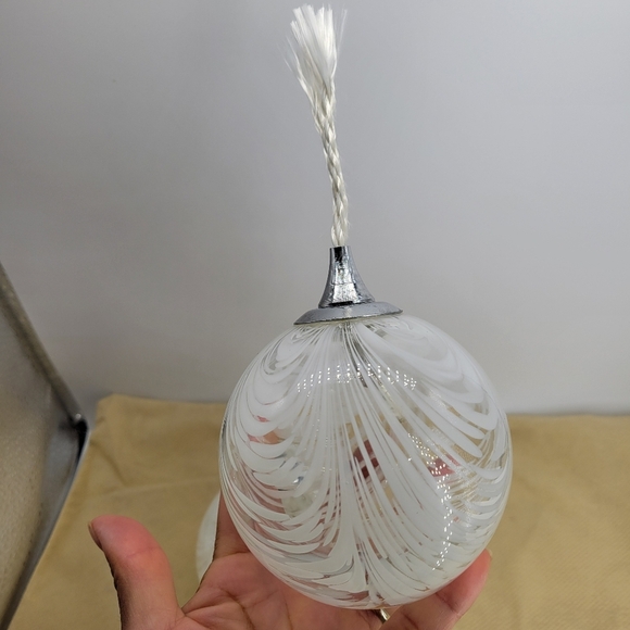 Hand-Blown Swirled White Glass Oil Lamps with Vintage Metal Wick Holders Set TWO - Picture 7 of 13